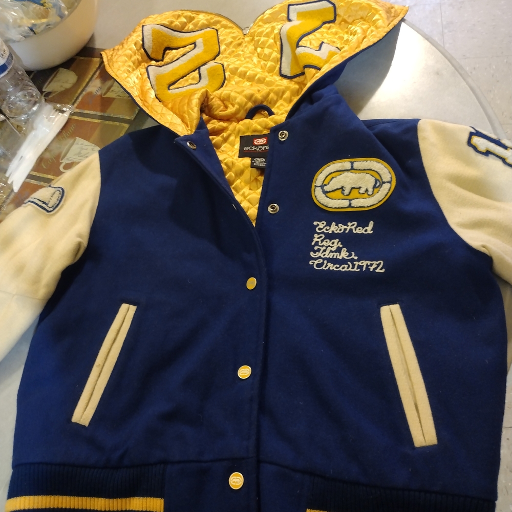 Ecko Unlimited Blue and Cream Varsity Jacket
